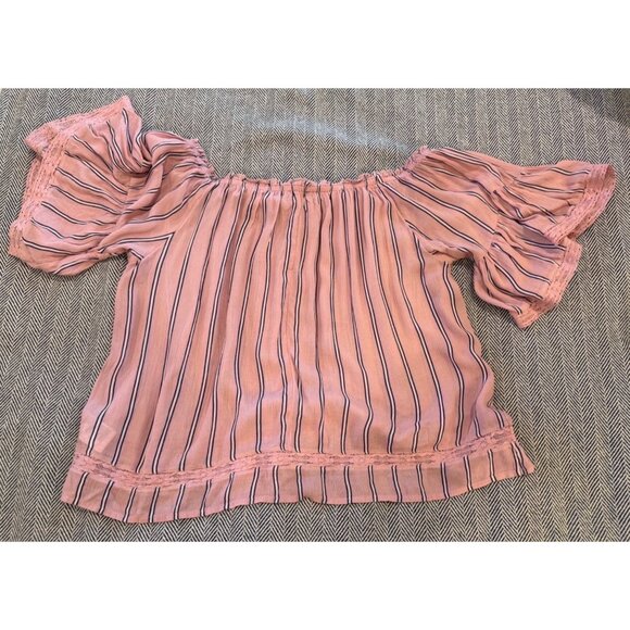 NWT American Eagle Off-The-Shoulder Pink Striped Blouse W/ Lace Details - M - Picture 3 of 11